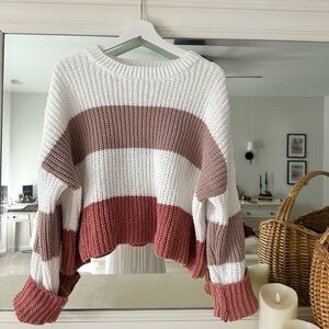 moon & madison White and Dusty Rose Striped Chunky Knit Sweater